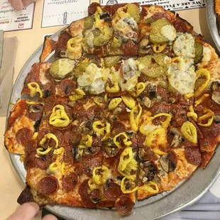 Pepperoni, mushroom, banana peppers and pickles