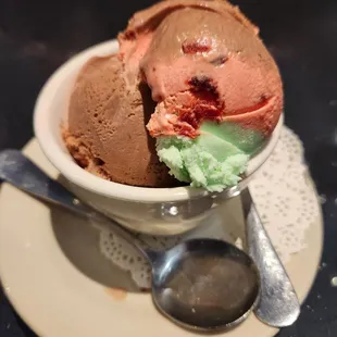 Spumoni Ice Cream (Dessert options also included vanilla ice cream, tiramisu, chocolate cake, and creme brulee, but no menu available)