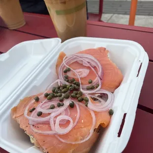 Lox bagel with cream cheese, red onion &amp; capers