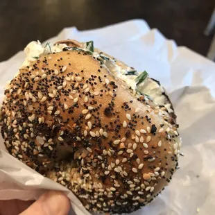 Everything bagel with fried onion and chive cream cheese.