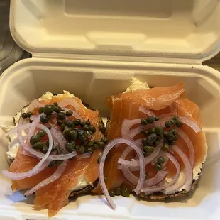 Open faced lox with rosemary bagel