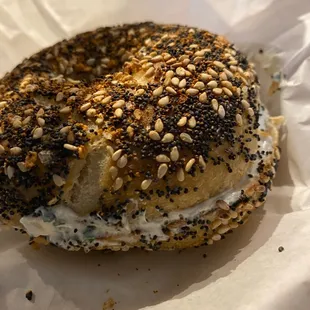 Everything bagel with onion cream spread