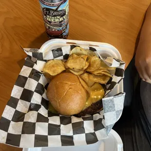 Burger with house-made potato chips.