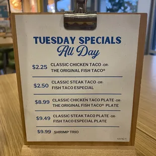 9/29/23  (fri): Tuesday Specials