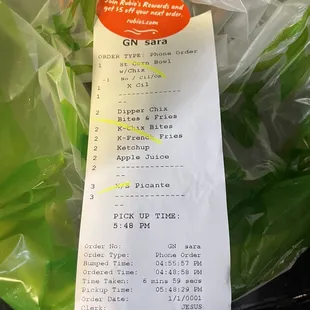Receipt that says no onion