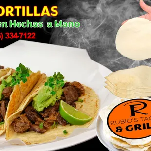 a plate of tacos and a tortilla