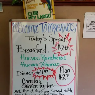 Sign, when you first enter resturant...specials