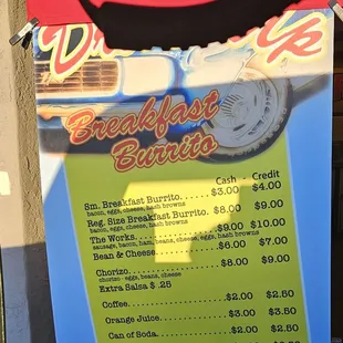Breakfast Burrito - Cash and Credit Price Menu