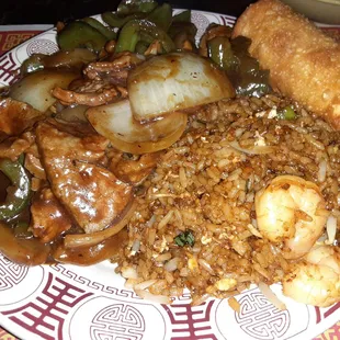 Pepper steak, shrimp fried rice and egg roll