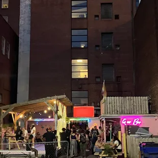 a group of people at a food stand