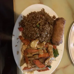 Chicken mixed vegetables with garlic sauce, light sauce and onions with extra carrots, fried rice and egg roll. Very good.