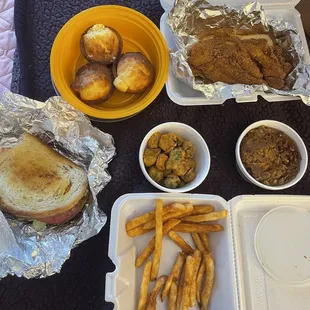 Catfish Filet Dinner Steak Melt Basket Cornbread Sweet potato Casserole Fried Okra
