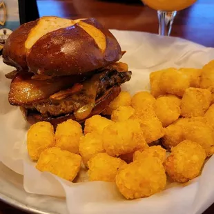 Brisket Burger and tots