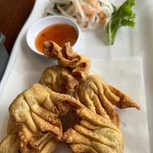 Fried wontons, juicy and cooked thru, love the fold pattern making for a great texture experience.