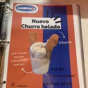 menu for churro helado