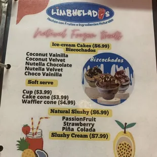 a menu for desserts