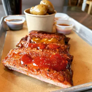 It didn&apos;t make sense not to live for fun  St. Louis Ribs (w/ Ruby Red, Carolina, &amp; RR Spicy Sauces) &amp; Salt Potatoes from #RubyRedsBBQ