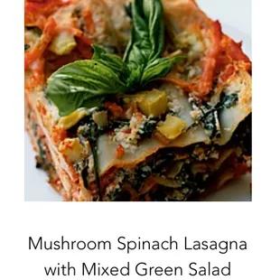 ows a slice of lasagna with mixed green salad