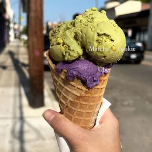Top scoop Matcha lemon cookie bottom ube
