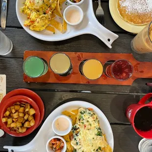 Migas, mimosa sampler, skinny migas (top to bottom)