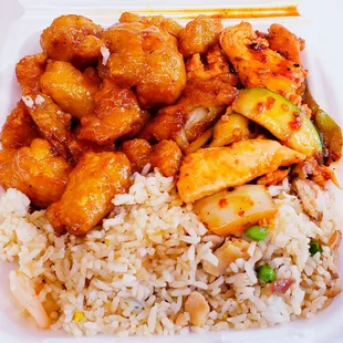Orange and Spicy Chicken options with Fried Rice.