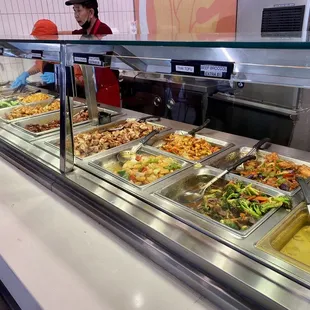 a buffet with a variety of food items