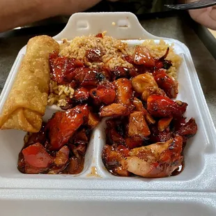 Bang bang chicken with fried rice and egg roll