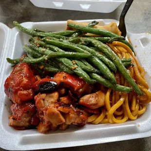 Bang bang chicken with noodles, garlic green beans and spring roll