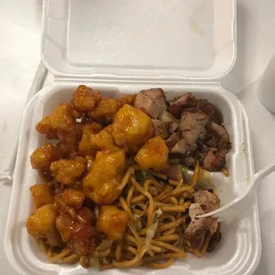 Mango chicken, grilled chicken an noodles