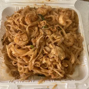 Shrimp pad thai, $11.49 for a lot of food, and very tasty. Got it "medium" spicy, and it's the perfect amount of spice.