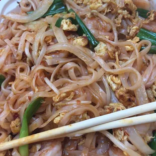 Shrimp pad Thai -- hard to see but loaded with shrimp and scallions...etc.
