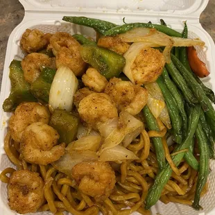 Shrimp, green beans, lo mein