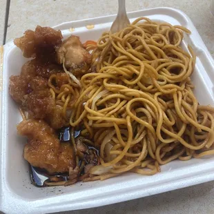 Mango chicken and noodles are almost inedible. The bourbon chicken was pretty good (it's gone in this photo).
