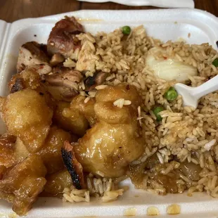 Mango chicken, bbq chicken, fried rice.