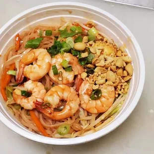 Shrimp Pad thai.  Sweet and sour noodles.  Wok flavor.