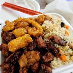 3 item combo with veggie and shrimp fried rice, mango Chicken, Thai chicken