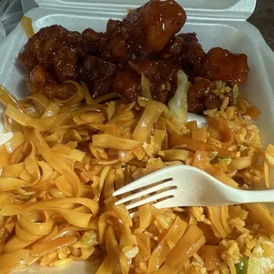 noodles and meat in a styrofoam container