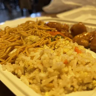 Mango chicken combination plate. Chicken good. Noodles terrible and cold. Fried rice was average. 2 out of 5 stars.