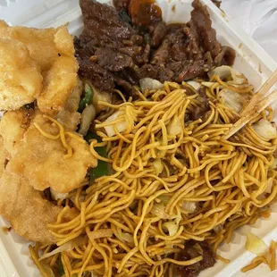 Fried fish lo mein and bail beef