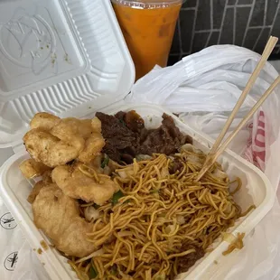 Two items and a side. Basil beef, lo mein and fried fish