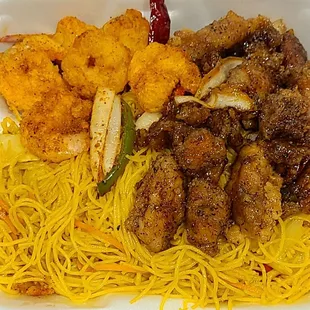 Pretty Good! Bang Bang Shrimp, Black Pepper Chicken and Curry Singapore Noodles.