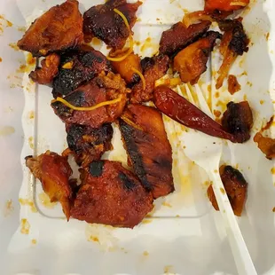 Every piece of chicken was tough, dry, and burned.