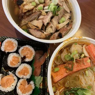 Grilled Chicken Noodle Soup with Tom Yum Base Seafood Noodle Soup with Tom Yum Base  Sushi was purchased elsewhere.