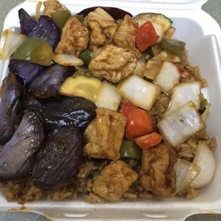 spicy tofu + eggplant with fried rice