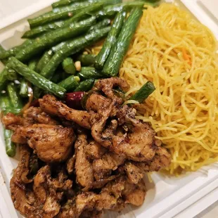 Jalapeño chicken, green beans, curry noodles