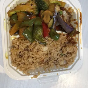 rice and vegetables in a styrofoam container