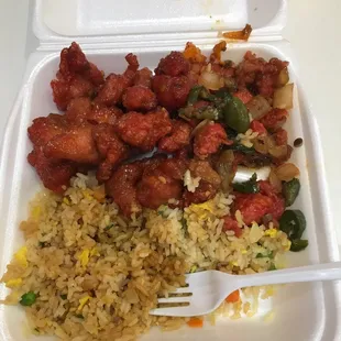 Lemon chicken top left, ban ban chicken top right, fried rice