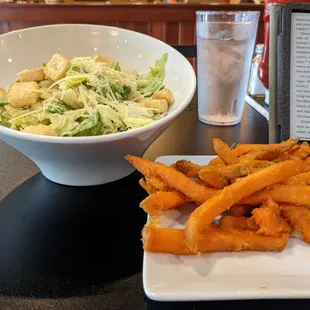 Caesar salad and sweet potato "fries"