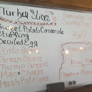 a menu on a whiteboard