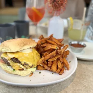 a cheeseburger and fries